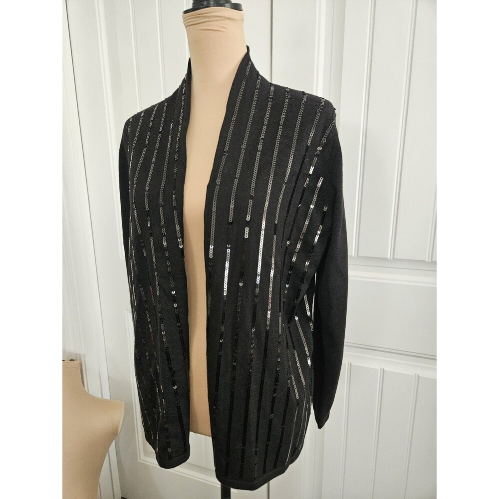 Michael Kors Black Sequined Open Front Cardigan Sz S NWT Striped High Collar